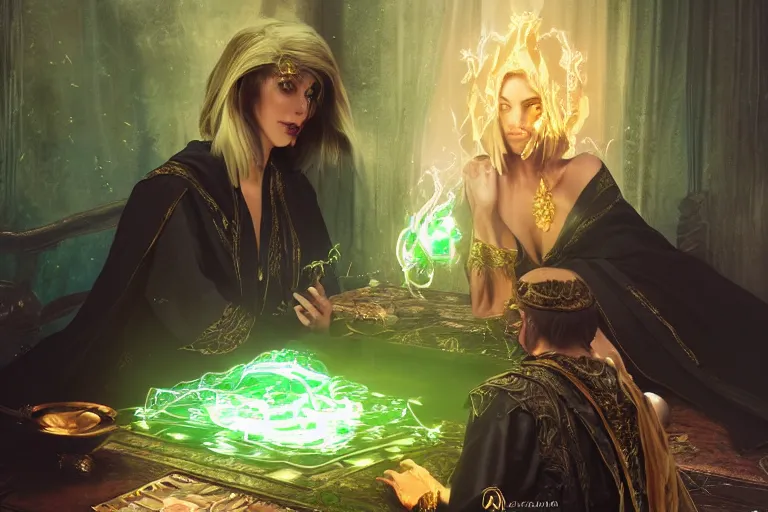 Prompt: a beautiful sorceress wearing a black robe with gold embroidery, sitting at table, casting a spell, green glows, painted by artgerm and ruan jia, in the style of magic the gathering, highly detailed digital art