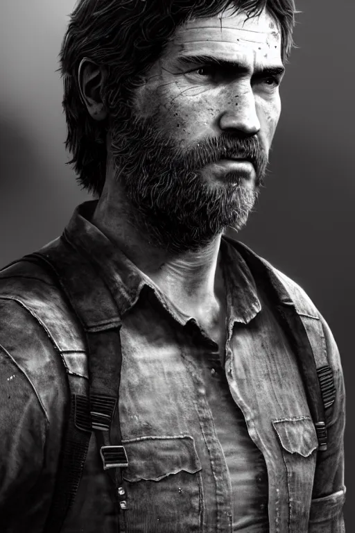 Image similar to ultra realistic facial portrait of joel from the last of us part 2, digital art, character portrait, highly detailed, trending on artstation, lens flare, atmosphere, hyper realistic, cinematic lightning, sharp focus, unreal engine 5, extreme details perfect face, pretty face, fine - face, illustration, 8 k, ultra texture, masterpiece