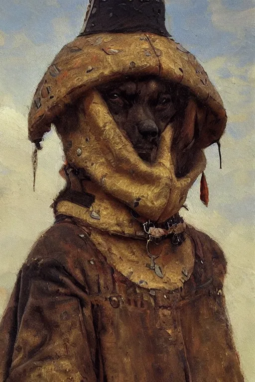 Image similar to slavic dog head man, woolen torso in medieval clothes, builds the roof, oil painting, painting by viktor vasnetsov, concept art, hyperrealism, beautiful, high resolution, trending on artstation,