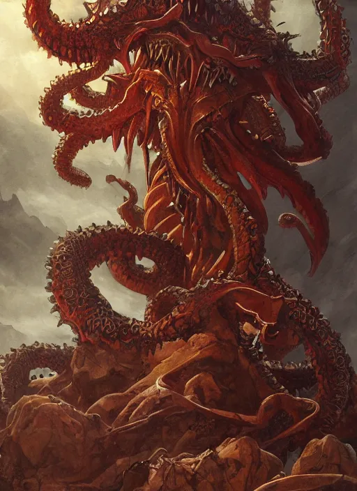 Prompt: highly detailed painting of the hydra, 4 k, lovecraftian, d & d, satanic, fantasy, intricate, digital painting, artstation, concept art, sharp focus, illustration, by michelangelo, by nicolas poussin