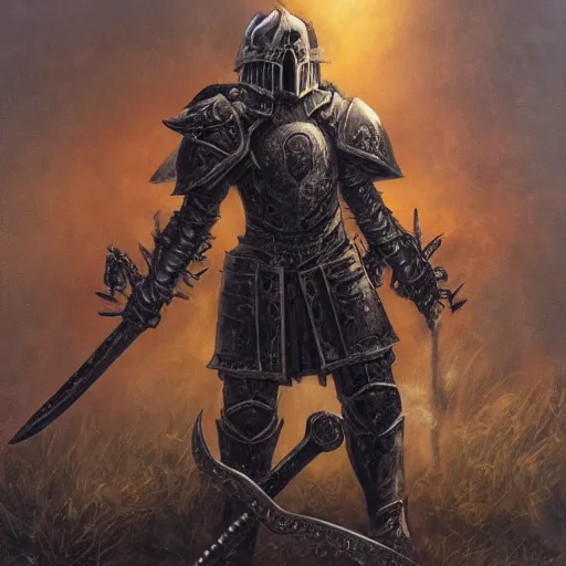 Prompt: a death knight in armor with a large sword, standing victorious in the middle of a battlefield, in the style of michael whelan, oil on canvas,