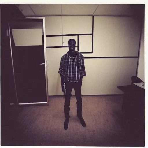 Prompt: A polaroid photograph of Travis Scott standing in an empty endless office space, yellow patterned wallpaper on the walls, moist dirty carpet, unnatural fluorescent warm lights lighting the scene