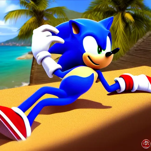 Prompt: sonic relaxing by the beach laying on a beach chair with sunglasses on, full body shot, portrait, fantasy, beautiful face, vivid colors, elegant, concept art, sharp focus, digital art, Hyper-realistic, 4K, Unreal Engine, Highly Detailed, HD, Dramatic Lighting by Brom, trending on Artstation