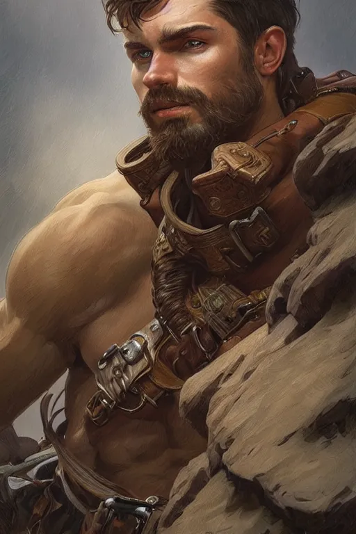 Image similar to portrait of a young rugged ranger, muscular, handsome, upper body, hairy torso, D&D, fantasy, intricate, elegant, highly detailed, digital painting, artstation, concept art, smooth, sharp focus, illustration, art by artgerm and Greg Rutkowski and Alphonse Mucha