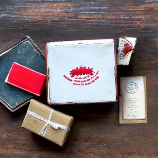 Image similar to vintage gift box for men, stamped with sealing wax, old school, wes anderson style