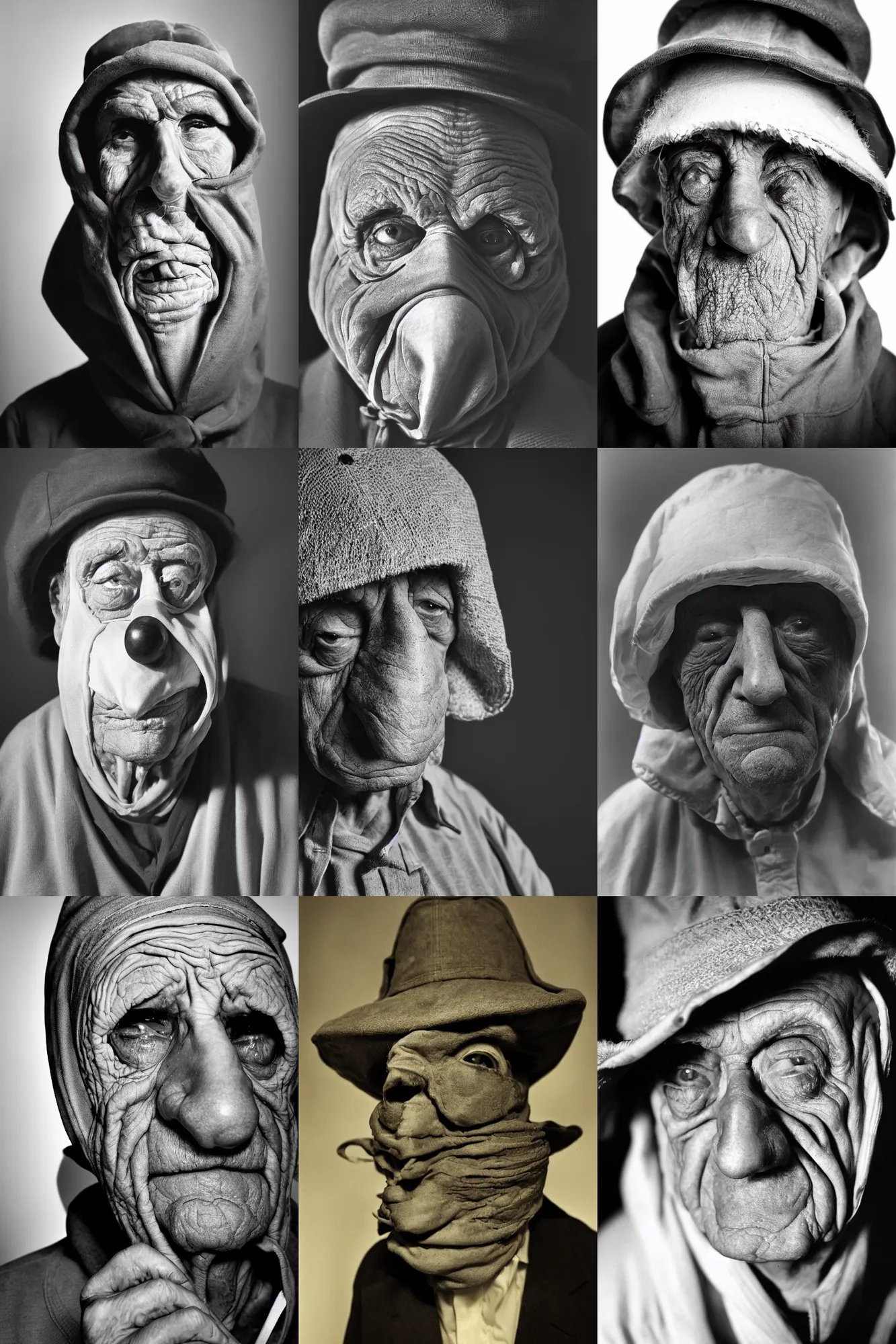 Prompt: high contrast studio close - up portrait of a wrinkled old man wearing a pulcinella mask, clear eyes looking into camera, baggy clothing and hat, backlit, dark mood, nikon, photo by yousuf karsh, masterpiece