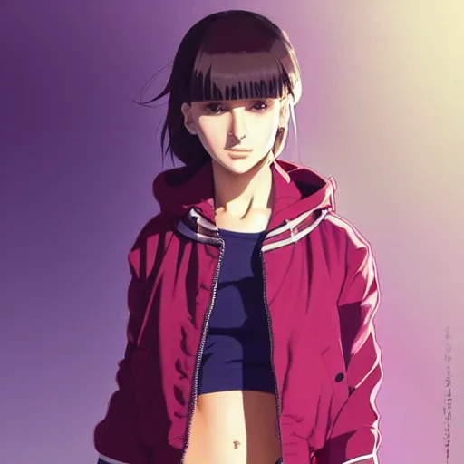 Image similar to a beautiful! boyish! natalie portman alluring gravure! model, wearing oversized aztec bomber jacket and leotard, poofy bomber jacket with mayan patterns, gapmoe yandere grimdark, trending on pixiv fanbox, painted by greg rutkowski makoto shinkai takashi takeuchi studio ghibli, akihiko yoshida