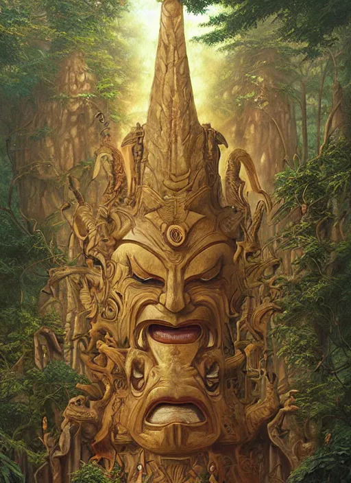 Image similar to a totem in the jungle, with faces of ancestors in the sky wearing tribal masks, hyper detailed, art by christophe vacher