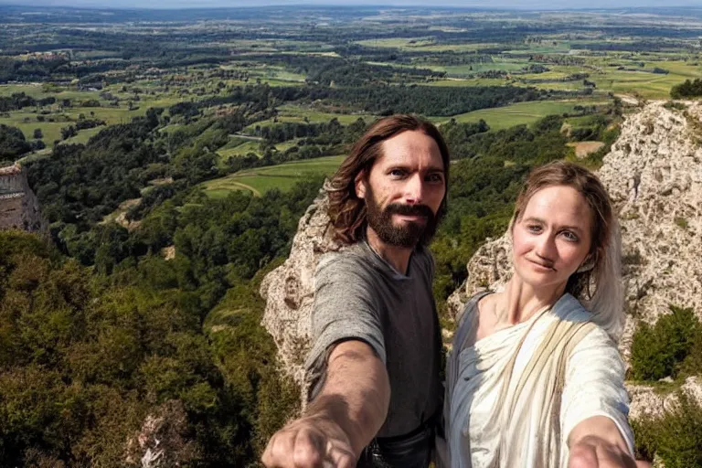 Image similar to selfie close - up photo from a mobile phone of jesus and mary magdalene standing on a cliff looking over a beautiful landscape in france, rennes - le - chateau, award winning photo, very detailed, very realistic cinematic