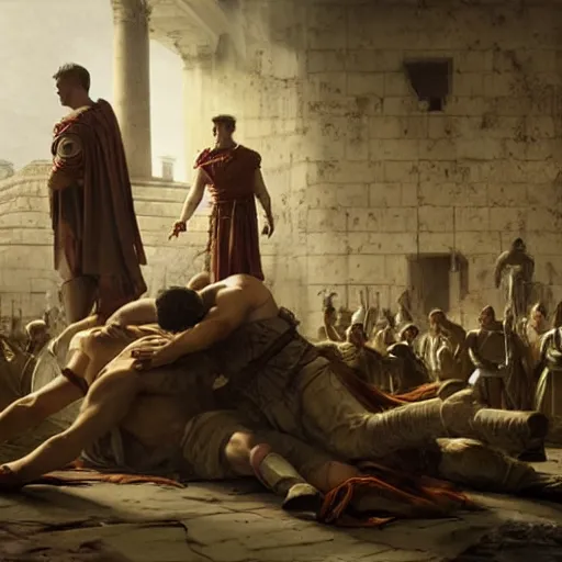 Image similar to brutus, regretting his actions, kneeling over the slumped body of julius caesar in the middle of the roman senate, fantasy art by greg rutkowski