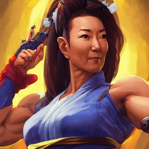 Prompt: michelle yeoh as a street fighter character, cg animation, capcom, realistic, character select portrait, by artgerm, greg rutkowski, alphonse mucha, 3 d
