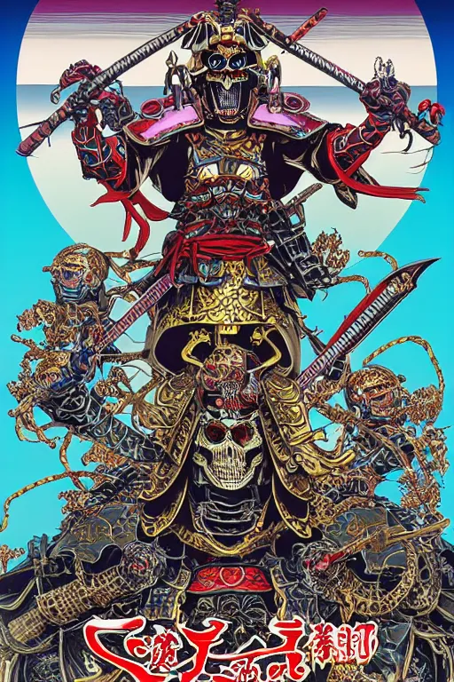 Image similar to poster of crazy skeletor samurai with japanese armor and helmet, by yoichi hatakenaka, masamune shirow, josan gonzales and dan mumford, ayami kojima, takato yamamoto, barclay shaw, karol bak, yukito kishiro