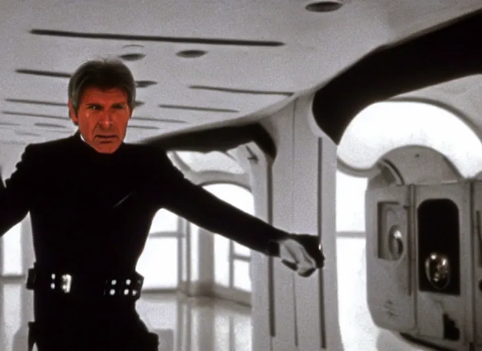 Image similar to screenshot of Harrison Ford dressed up as an imperial officer, iconic scene from 1970s spy thriller film directed by Stanley Kubrick, in a sci-fi shipping port, last jedi, 4k HD, cinematic lighting, beautiful portraits of Han, moody, stunning cinematography, anamorphic lenses, kodak color film stock