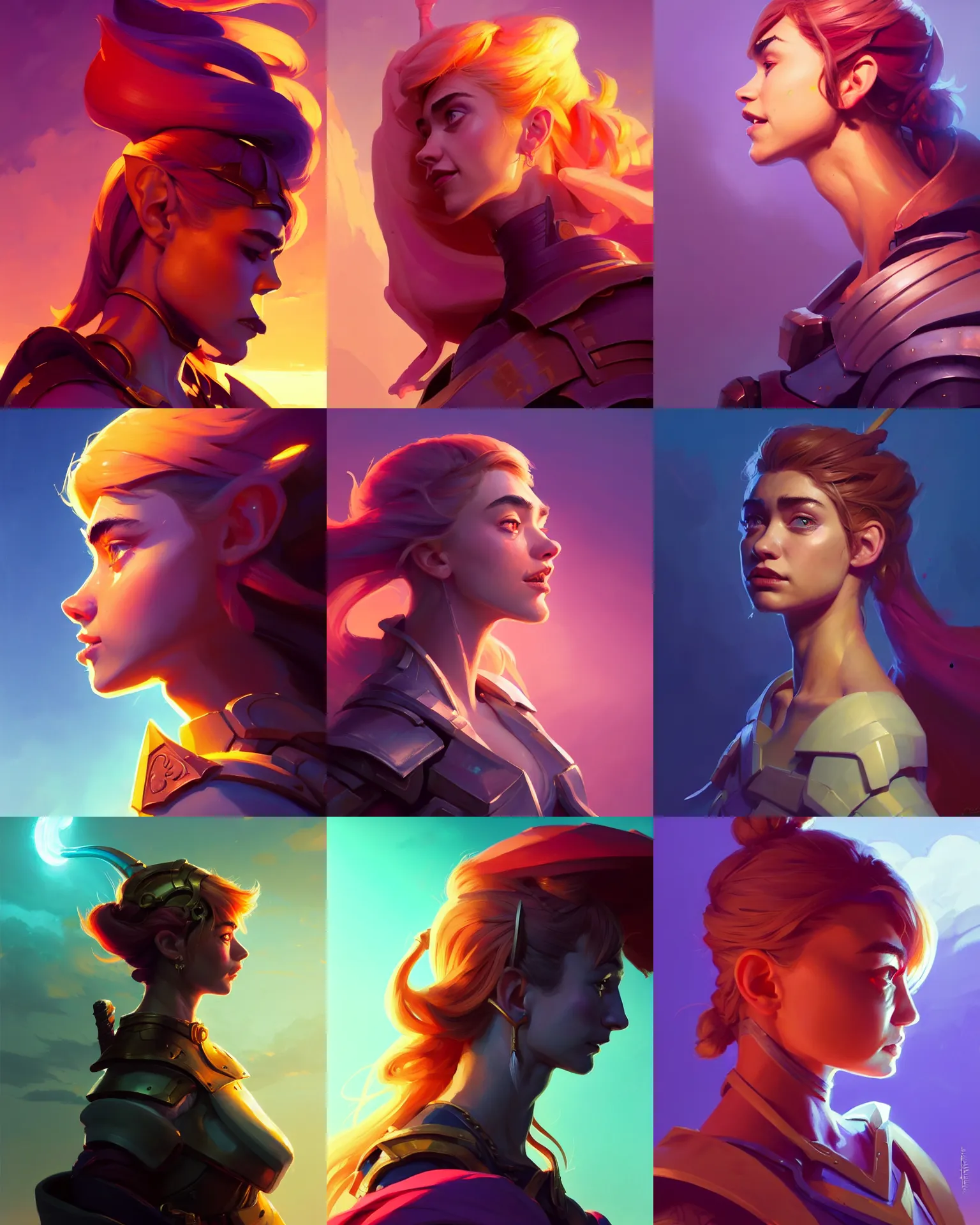 Prompt: side - profile painted portrait, imogen poots as a paladin, bright backlit, key lighting, smooth, gaudy colors, maya render, octane render aesthetic, dota matte painting concept art, official fanart behance hd artstation by jesper ejsing, by rhads and lois van baarle and ilya kuvshinov and rossdraws