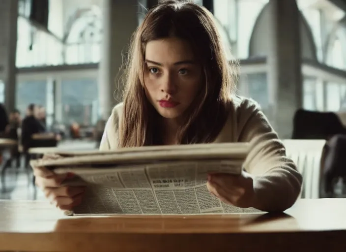 Prompt: film still. screenshot. young woman. sitting at a table. holding a newspaper. extreme close up. focused on newspaper. in public cafeteria. extremely detailed. directed by christopher nolan and denis villeneuve. 4 k.