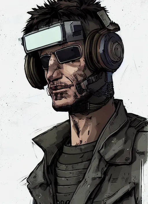 Image similar to Menacing Hector. buff cyberpunk mercenary wearing a cyberpunk headset, military vest, and pilot jumpsuit. square face. Realistic Proportions. Concept art by James Gurney and Laurie Greasley. Moody Industrial skyline. ArtstationHQ. Creative character design for cyberpunk 2077.