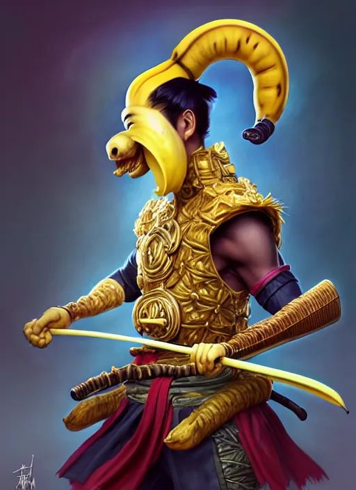 Image similar to a anthropomorphic banana wearing samurai armor, diffuse lighting, fantasy, intricate, elegant, highly detailed, lifelike, bananapunk, photorealistic, digital painting, artstation, illustration, concept art, smooth, sharp focus, art by frank frazetta and marco bucci and loish and rossdraws and artgerm and alphonse mucha