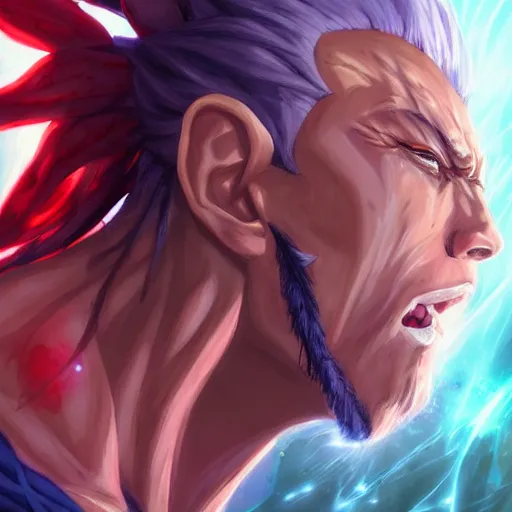 Image similar to anime portrait of the rock as a shaman yedi using dark force to eliminate trump as an anime antagonist by Stanley Artgerm Lau, WLOP, Rossdraws, James Jean, Andrei Riabovitchev, Marc Simonetti, and Sakimichan, trending on artstation