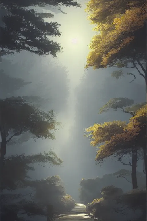 Image similar to Japanese Torii in a moutain with trees ,morning , by Grzegorz Rutkowski, concept art