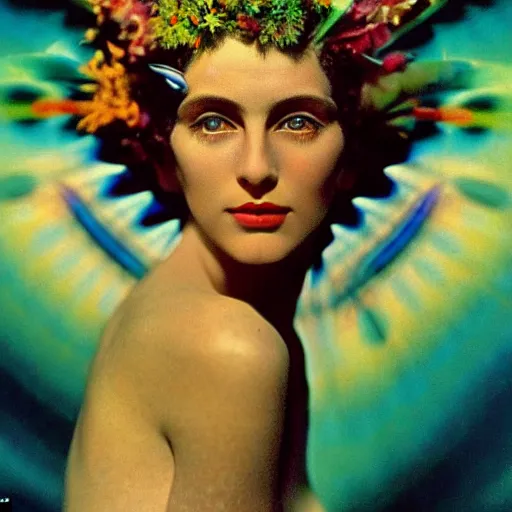 Image similar to extremely beautiful futuristic super schizophrenic psychedelic prismatic superhuman, lush detail, national geographic, steichen, herb ritts, roger deakins, anne leibovitz, alphonse mucha, sharp focus, ultra - realistic, hyperrealism, isotonic, beautiful madwoman