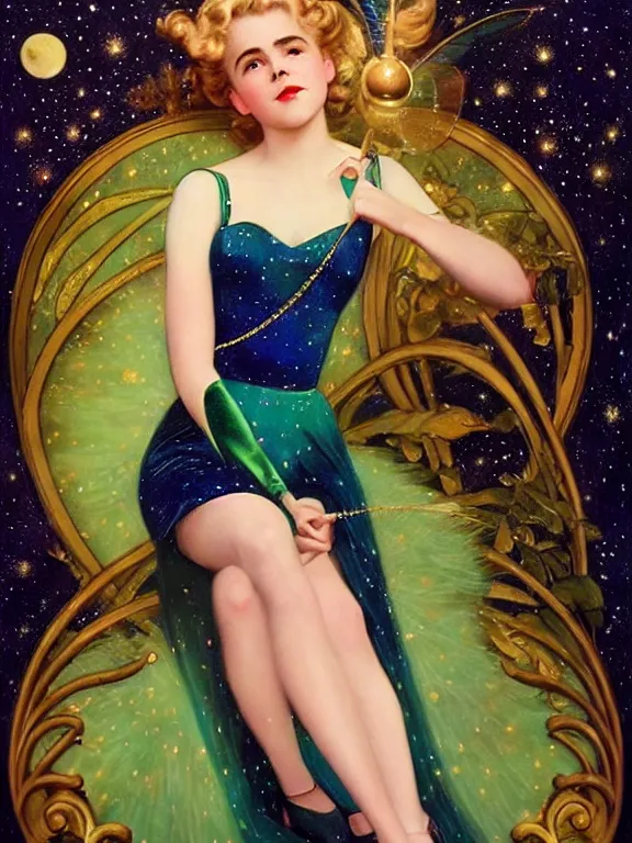 Image similar to kiernan shipka as tinkerbell, a beautiful art nouveau portrait by Gil elvgren, moonlit starry sky environment, centered composition, defined features, golden ratio, gold jewlery, photorealistic professionals lighting, cinematic, sheer