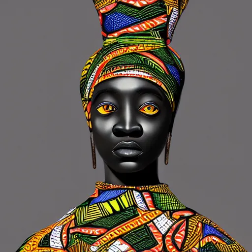 Image similar to masterpiece of a glossy black marble statue of an african girl with colorful african pattern logos in the background in the style of virgil abloh, very very beautiful, detailed, realistic carved marble statue, fine art, off white, heron preston, techno, rave, 8 k, 4 k, detailed, realistic, beautiful, symmetrical, vogue, paris, fashion