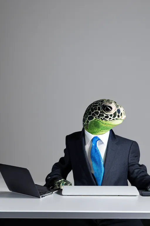 Prompt: real anthropomorphic turtle that looks like a human, business attire, sitting at a desk with a laptop, realistic, colored studio lighting, professional photography, nikon 5 0 mm f / 1. 8 g, canon