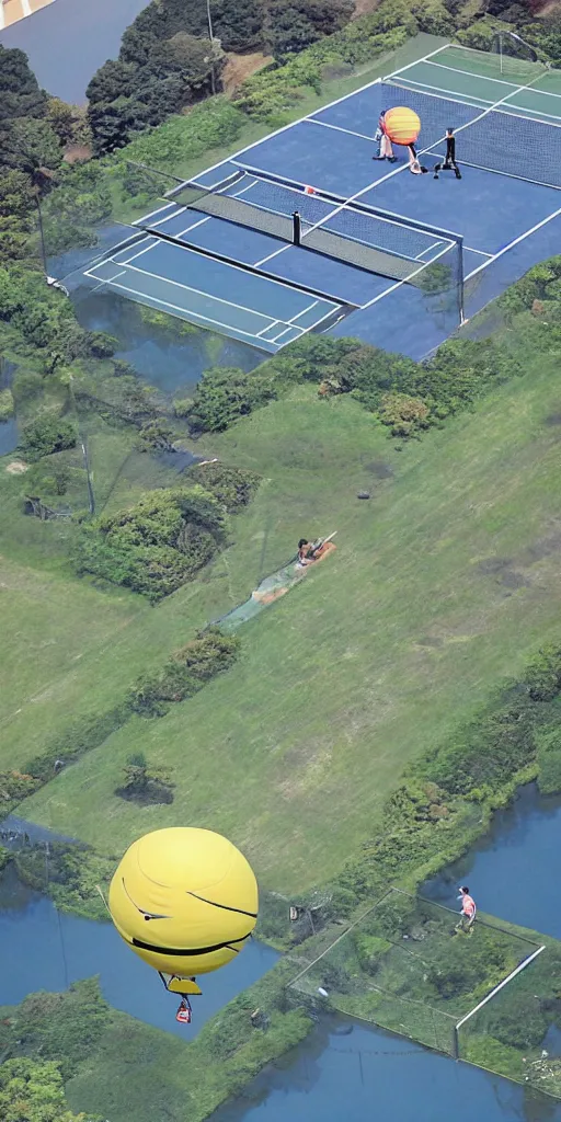 Prompt: A tennis court suspended in the air by a giant tennis ball-shaped hot air balloon, Castle in the Sky style, by Miyazaki Hayao