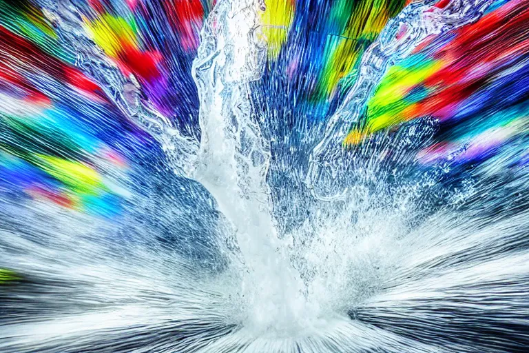 Image similar to water tornado in the city, photorealistic, highly detailed, sharp focus, vivid, colorful, symmetrical
