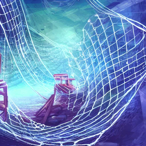 Prompt: Fishing net in cyberspace, highly detailed, dreamlike, digital painting, illustration, smooth, sharp focus, Android Netrunner