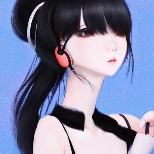 Image similar to realistic beautiful gorgeous natural cute Blackpink Lalisa Manoban black hair fur black cat ears, wearing white camisole summer outfit, headphones, black leather choker artwork drawn full HD 4K highest quality in artstyle by professional artists WLOP, Aztodio, Taejune Kim, Guweiz on Pixiv Instagram Artstation