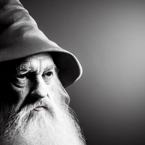 Prompt: a closeup black and white studio photographic portrait of gandalf, dramatic lighting