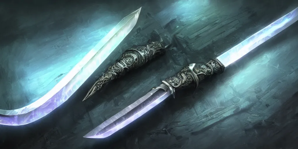 Image similar to legendary cybernetic sword lying flat on a glowing table with a long sharp black and iridescent sword blade, digital award winning hd matte painting, intimate dark moody, intricate, ornate spikes, colorful hilt, detailed realistic, raytraced blade, colored gems, future golden technological pommel, in the style of greg rutkowski and krenz cushart, deviantart