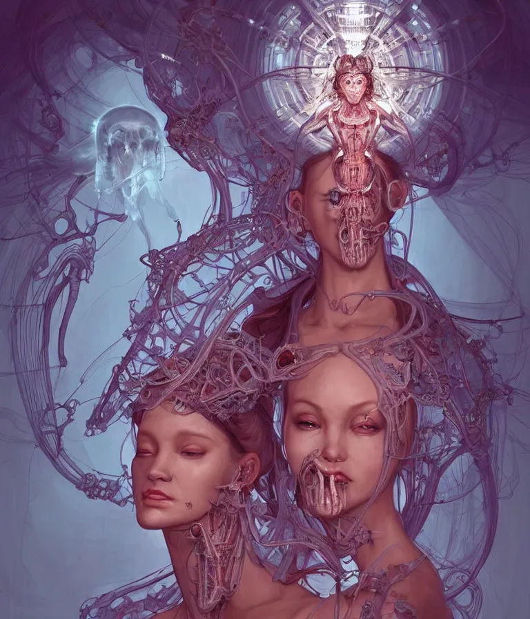 Image similar to fully symmetrical centered portrait of a beautiful princess in robe. artificial muscles, ribcage, bones, hard surface modelling. cyberpunk look. biomechanical mask. bio luminescent biomechanical halo around head. jellyfish. artwork by jarold Sng by artgerm, by Eddie Mendoza, by Peter mohrbacher by tooth wu by alfons mucha, unreal engine, octane render, cinematic light, iridescent details, iridescent colors, dichroic, macro, depth of field, blur