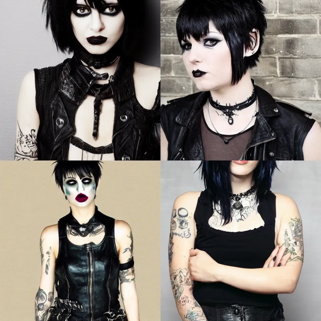 Prompt: an hd goth emo punk portrait. her hair is dark brown and cut into a short, messy pixie cut. she has a slightly rounded face, with a pointed chin, large entirely - black eyes, and a small nose. she is wearing a black tank top, a black leather jacket, a black knee - length skirt, and a black choker.