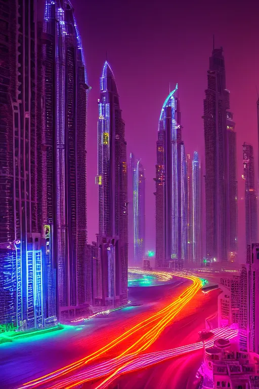 Image similar to neon streets of dubai, 4 k, award winning photo, cyberpunk style