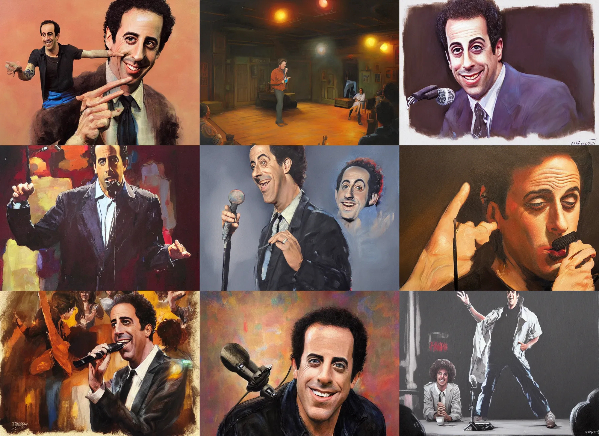 Image similar to a mixed media portrait painting of nineteen eighties jerry seinfeld on stage at a comedy club, hyperrealistic, detailed face, minimalist, by frank frazetta, greg rutkowski, christian macnevin, wlop, krenz cushart, epic fantasy character art, volumetric lighting, cgsociety, exquisite detail, masterpiece, cinematic