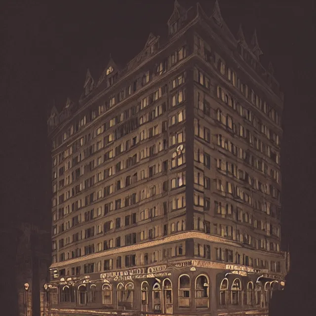 Prompt: photorealistic painting of a 1 9 2 0 s gothic style hotel in downtown boston, overlooking a dark street, architectural, atmospheric lighting, brooding, painted, intricate, ultra detailed, well composed, best on artstation, cgsociety, epic, horror, stunning, gorgeous, intricate detail, much wow, masterpiece, cinematic aesthetic octane render, 8 k hd resolution,