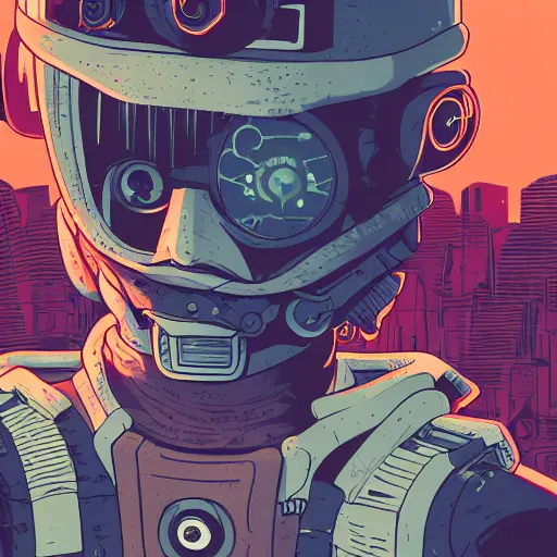 Image similar to in the style of max prentis and deathburger and laurie greasley a close up of a young explorer wearing a cyberpunk headpiece sitting connected to an ancient and huge mechanical head, highly detailed, 8k wallpaper