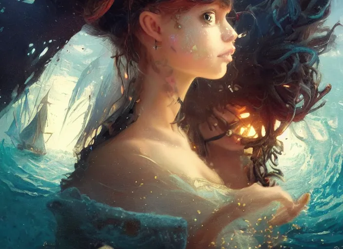 Prompt: full body picture of a pirate girl, looking at the treasure box, hard breathing, messy hair, very excited, coveted, sparkling eyes, magic and fantasy, whale monsters, beautiful and aesthetic and attractive and detailed face, specular reflection, occlusion shadow, intricate, bokeh, masterpiece, by ilya kuvshinov and jeremy lipking and quentin mabille