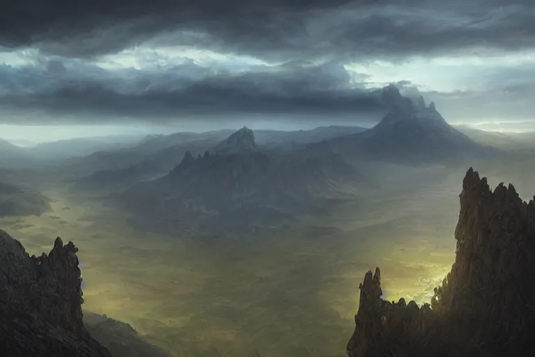 Image similar to high aerial shot, cinematic fantasy painting, dungeons and dragons, plains mountains and rivers, with sunset lighting ominous shadows by jessica rossier and brian froud cinematic painting