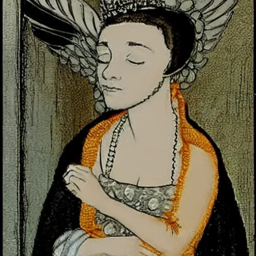 Image similar to anne boleyn crying as she grows bird wings, in the style of arthur rackham