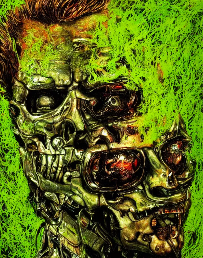 Image similar to Terminator covered in moss, photorealistic, masterpiece, perfect composition, hyperrealistic beautiful face, spectacular quality, intricate oil pastel glow, dynamic lighting, photorealistic, fantasy concept art, ambient lighting, atmospheric, stunning visuals, creative, cinematic, ultra detailed, trending on art station