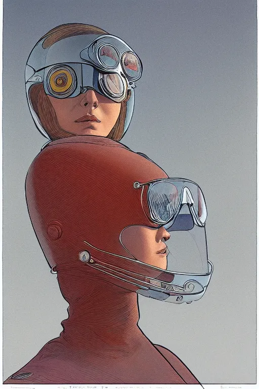 Prompt: woman wearing aviator helmet and googles, drawn by jean giraud and moebius, red