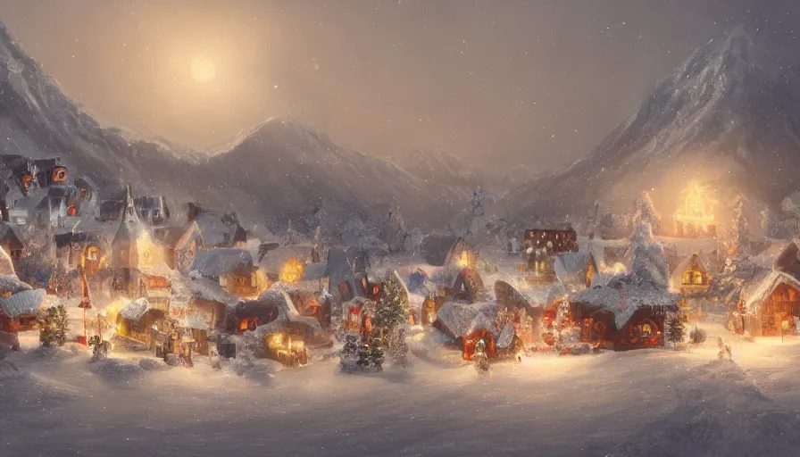 Image similar to Digital painting of a Nordic village decorated with lights built inside a snowy mountain, hyperdetailed, artstation, cgsociety, 8k