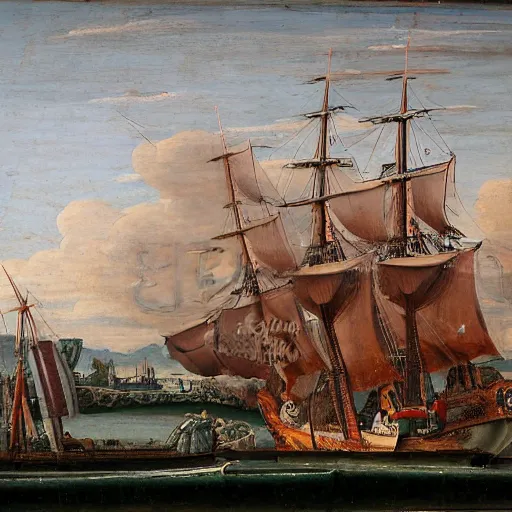 Prompt: a old Renaissance paint of British warship sailing from the Port of London - n 3