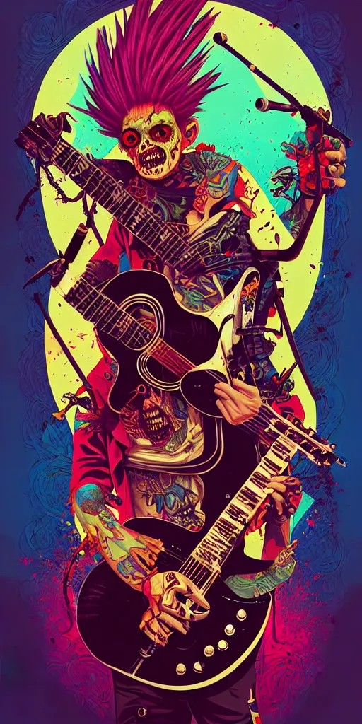 Image similar to a zombie punk rocker with a mohawk holding an acoustic guitar, tristan eaton, victo ngai, artgerm, rhads, ross draws