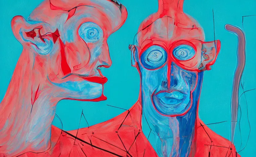 Prompt: man with a blue heart, medium frame, an empty room in the style of constructivism, blurred, grotesque, doomed, neural acrylic paint, high resolution, gouache on canvas, ultra detailed, vibrant colors, grotesque, wrapped thermal blue and red background, seapunk, neo gothic, slimey, art by francis bacon