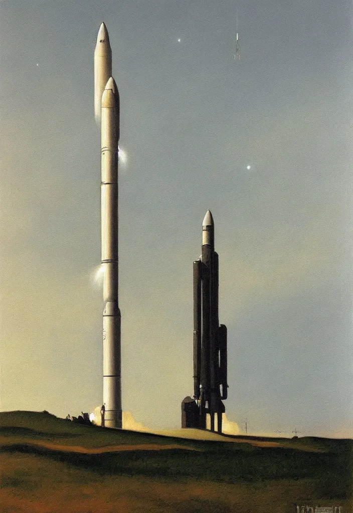 Image similar to a _ painting _ of _ a _ scifi _ rocket _ by _ peter _ ilsted