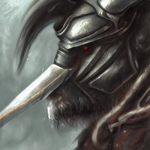 Image similar to close up portrait of a black haired Minotaur in plate armor, concept art, fantasy painting